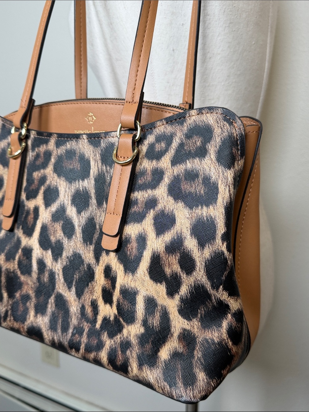 Nanette Lapore Liam Triple Section Shoulder Bag Cheetah Print Tan Vegan Leather - Picture 3 of 14